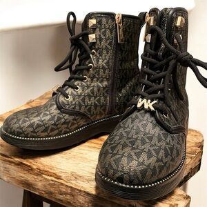 Girls Michael Kors Gold Monogram Combat Boots size 1 trendy